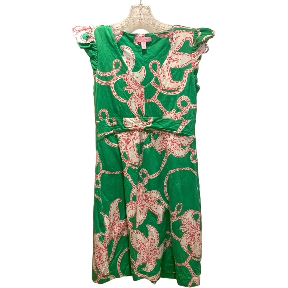 Lilly Pulitzer Womens A Line Dress Green Floral Empire Waist V Neck Coastal XS
